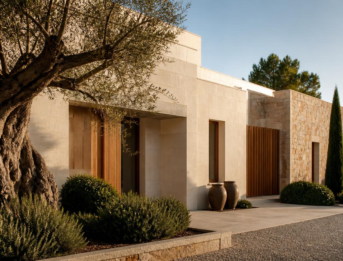 Fachada exterior de una vivienda de alto nivel con luz cálida
