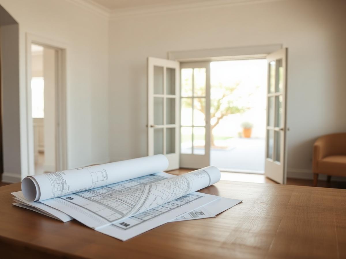 Planos de reforma sobre una mesa con una puerta abierta a un patio con árbol