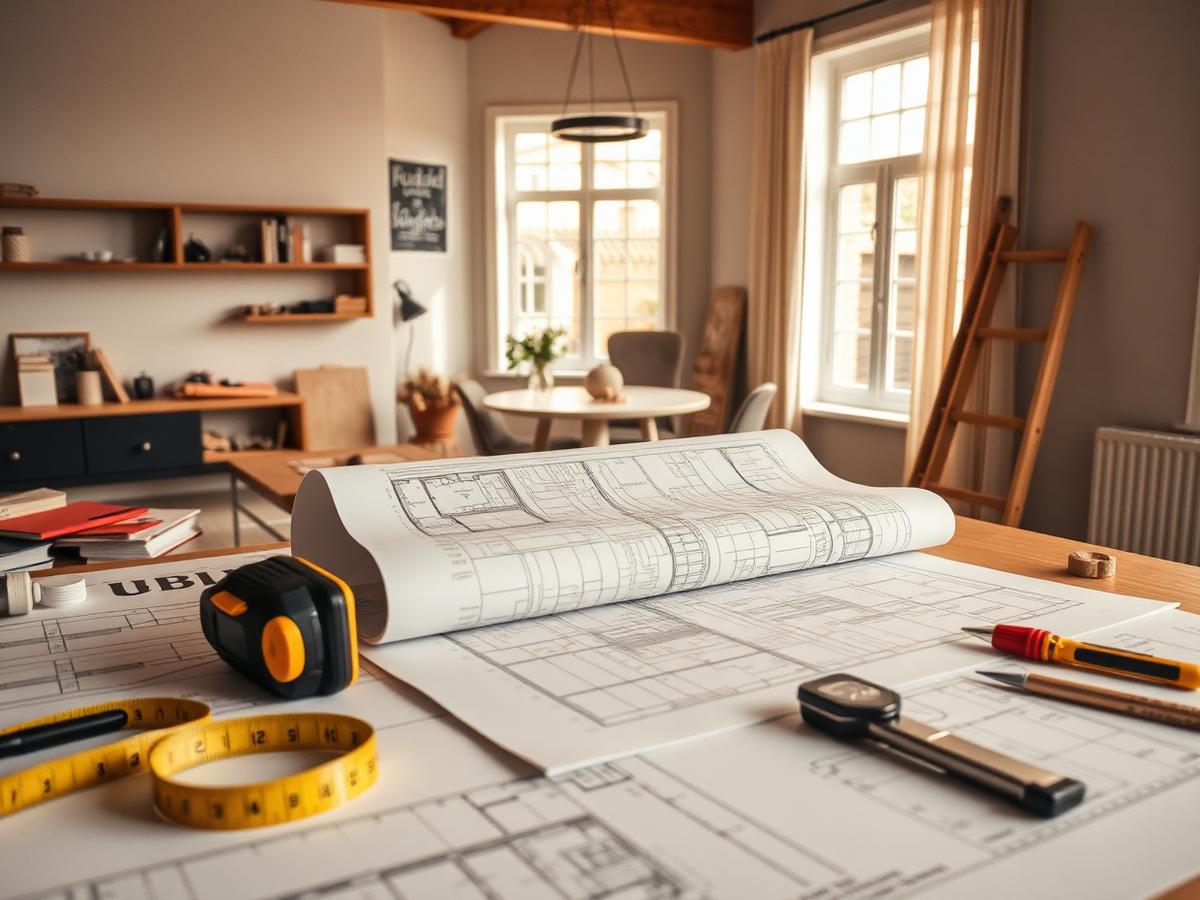 Obra de reforma con planos y herramientas sobre una mesa con luz natural